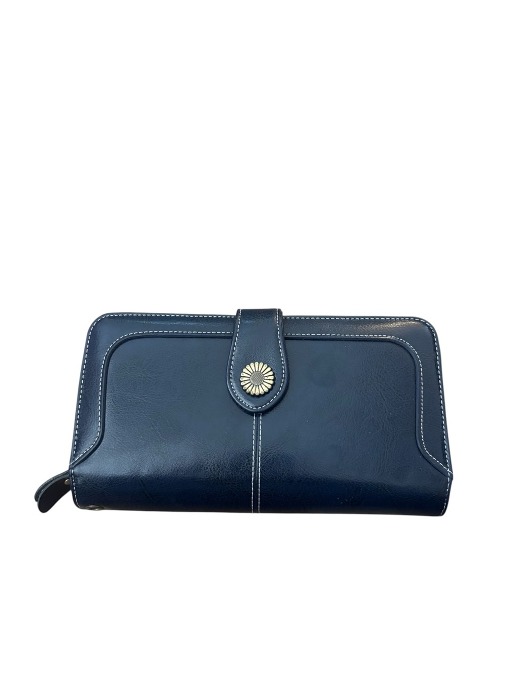 Sendefn Navy Blue Leather Trifold Wallet Daisy Concho Snap boho feminine